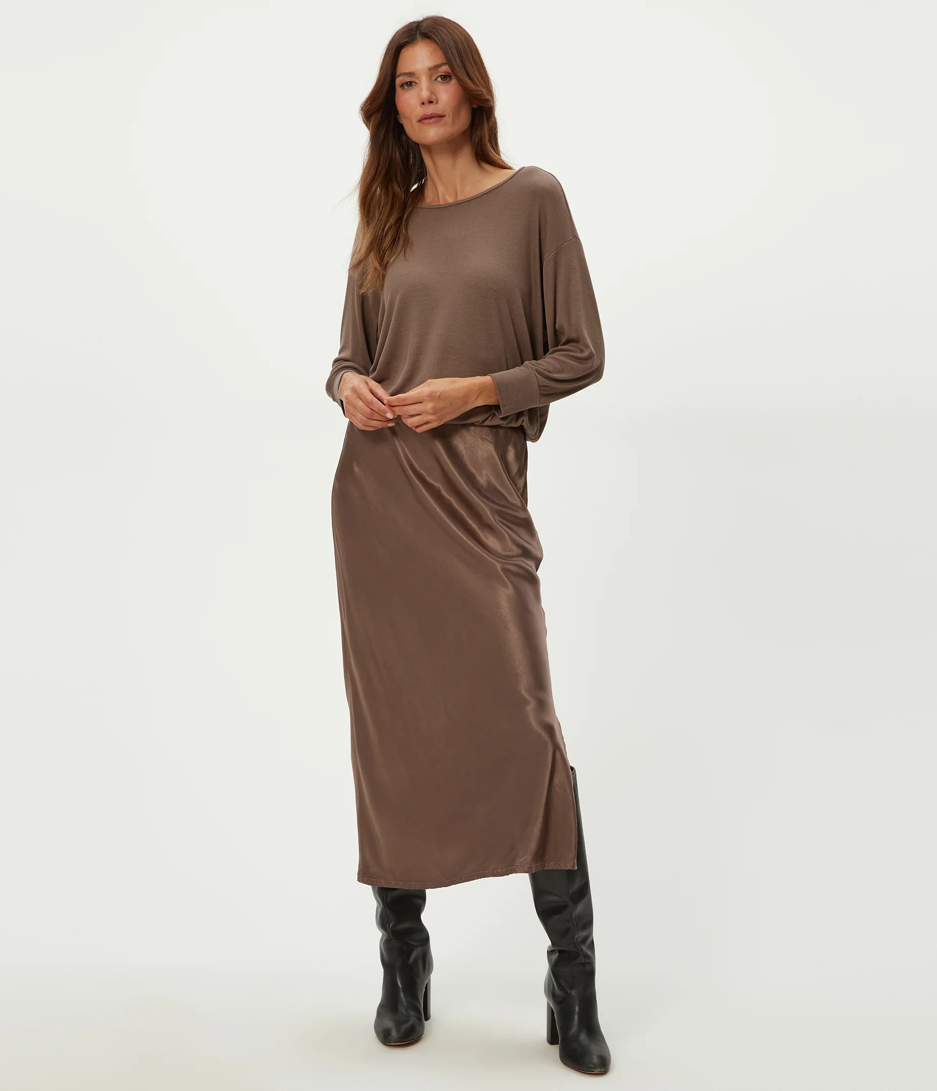 Nadia Mixed Fabric Satin Dress - Image 7