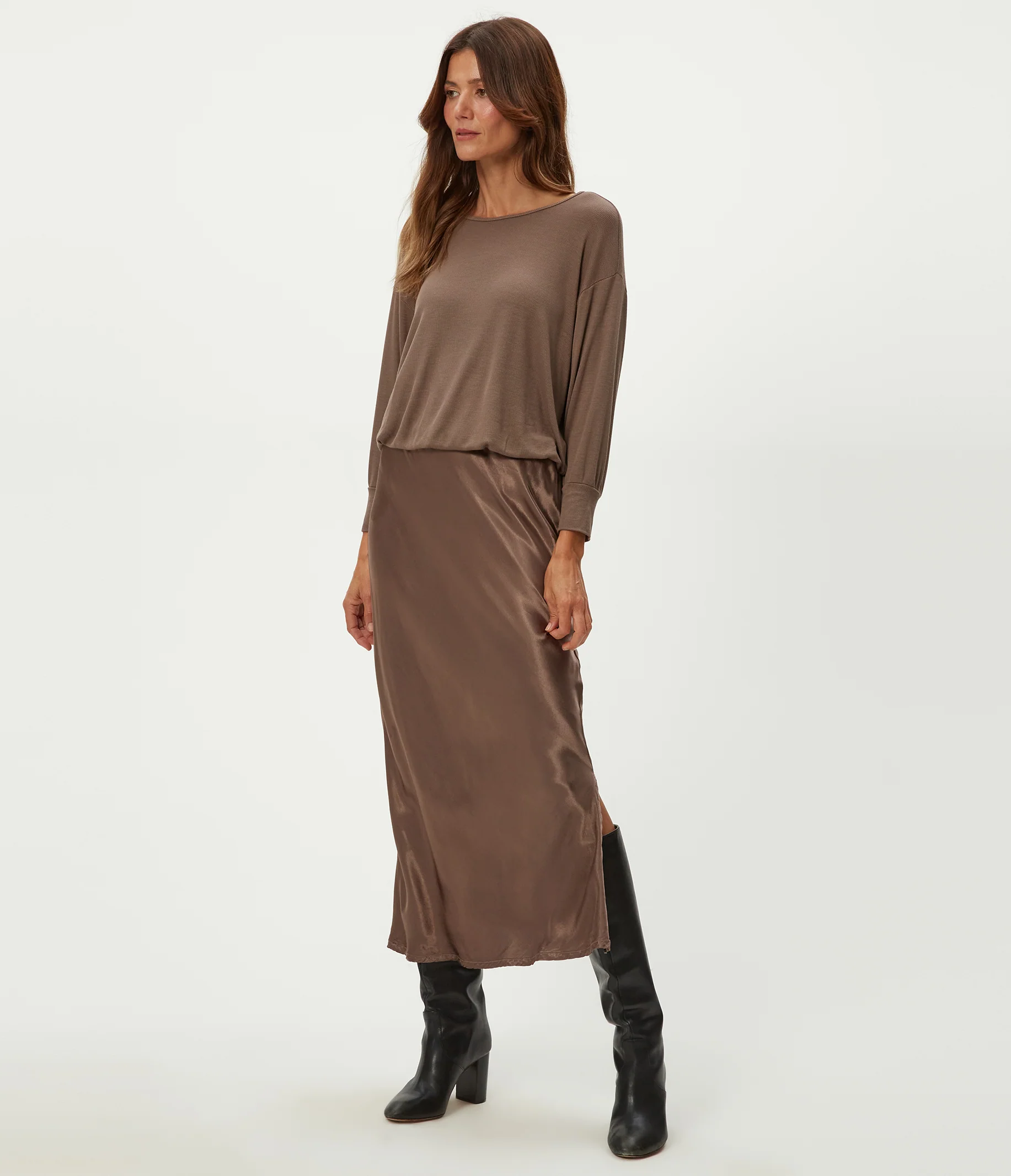 Nadia Mixed Fabric Satin Dress - Image 9